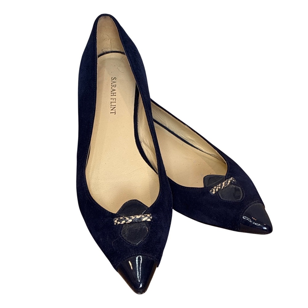 Sarah Flint Flats Navy Blue Suede Shoes Pointed Italian Leather Quiet Luxury 8.5 - Picture 3 of 4